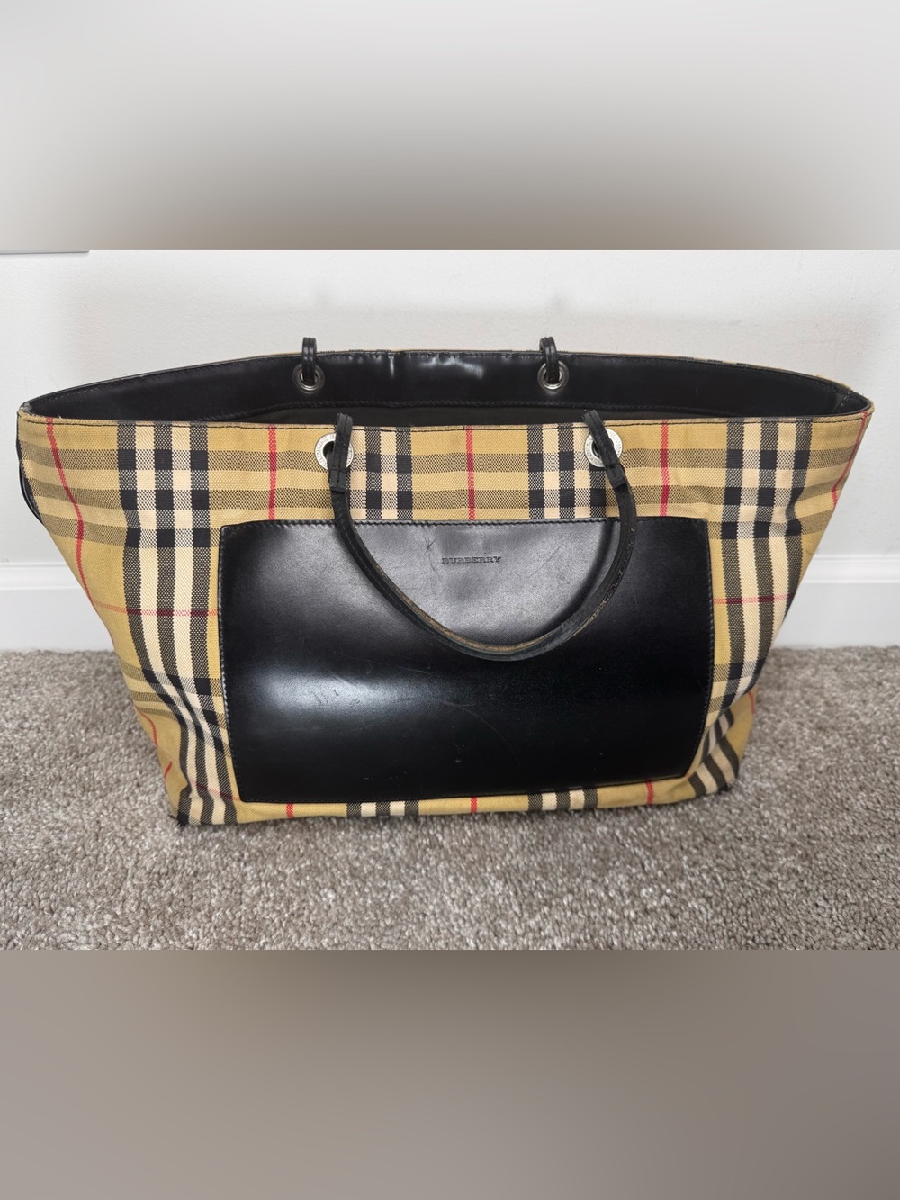 Burberry London Nova Check Vintage Canvas Tote Bag w Black Leather Front Pocket
